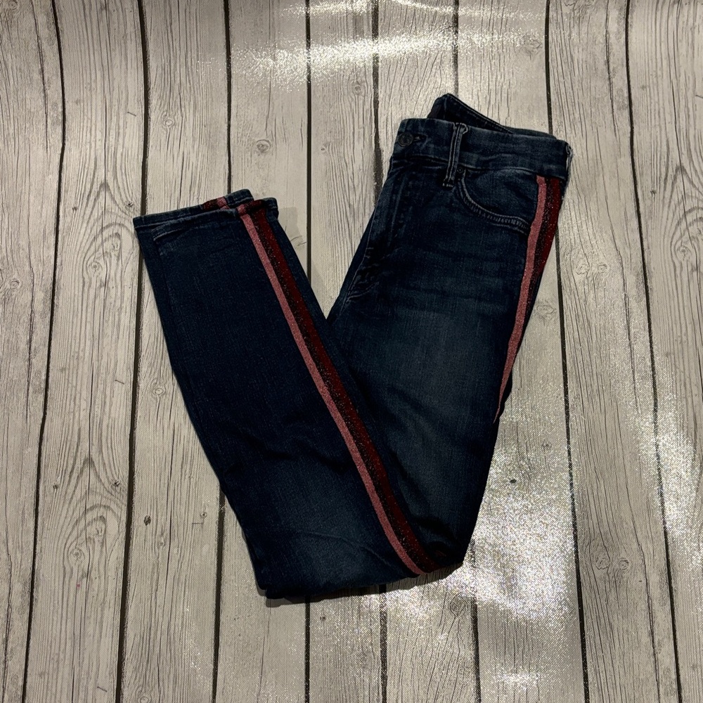 MOTHER Dark Blue Ankle Jeans with Red  and pink glitter Stripes size 26 premium